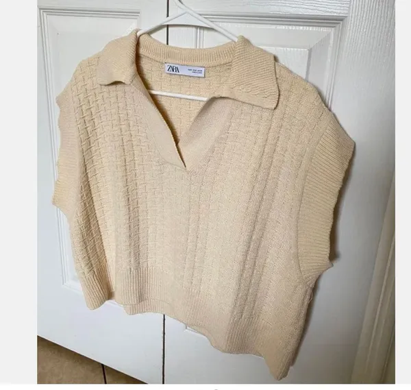 Sz S Fabulous Cap Sleeve Cropped Sweater / Vest Lovely Textured Cream Knit - Image 2