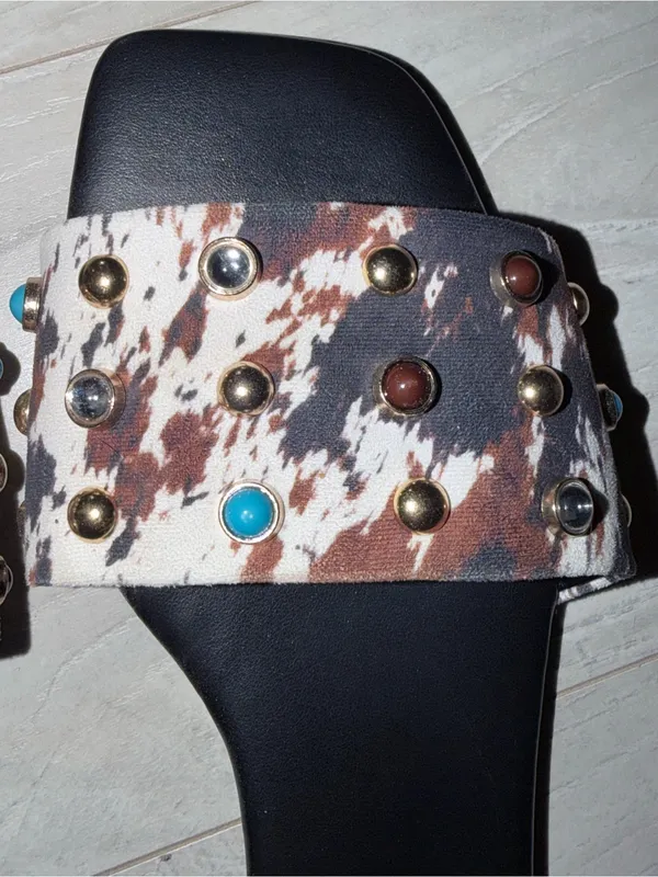 Steve Madden Black Slide Sandals with Brown and White Animal Print Strap - Image 3