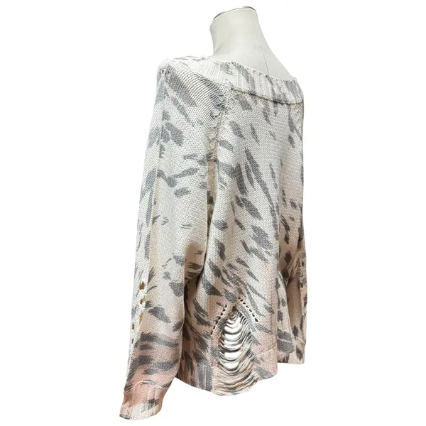 Umgee Distressed Sweater Cream Gray Tan Pink Medium - Image 4