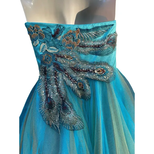 Whimsigoth Peacock Beaded Embroidered Corset Tulle Mini Dress Dave & Johnny Sz 0 - Image 5