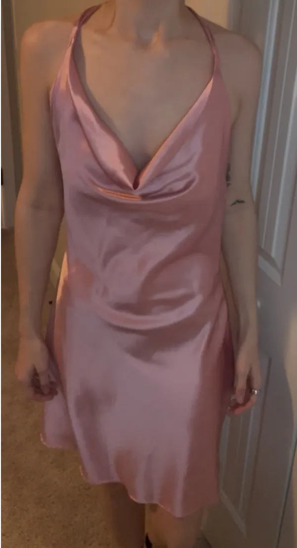 Satin Pink Swoop Neck Mini Dress - Image 2