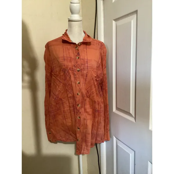 Free People Womens Orange Plaid Button Down Cotton Gauze Shirt Size Large L 1245 - Image 2