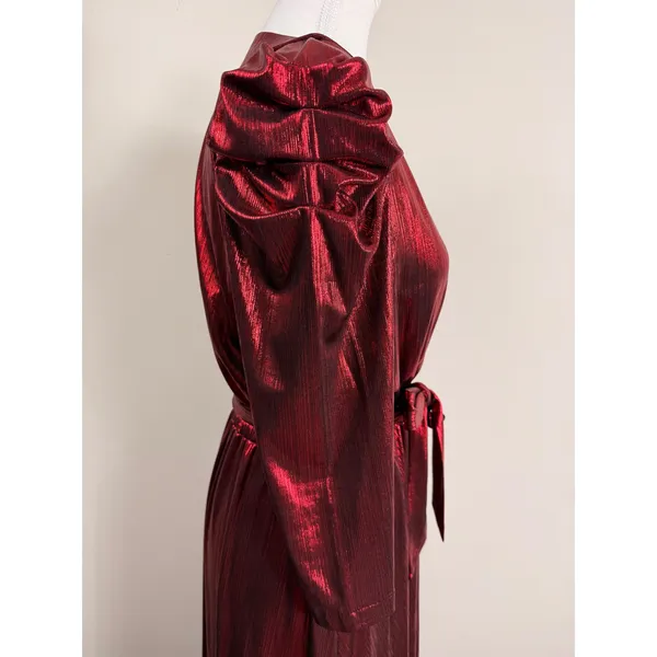 Retrofête Flora Metallic Red Lame Wrap Maxi Puff Sleeve Asymmetrical Gown Small - Image 5