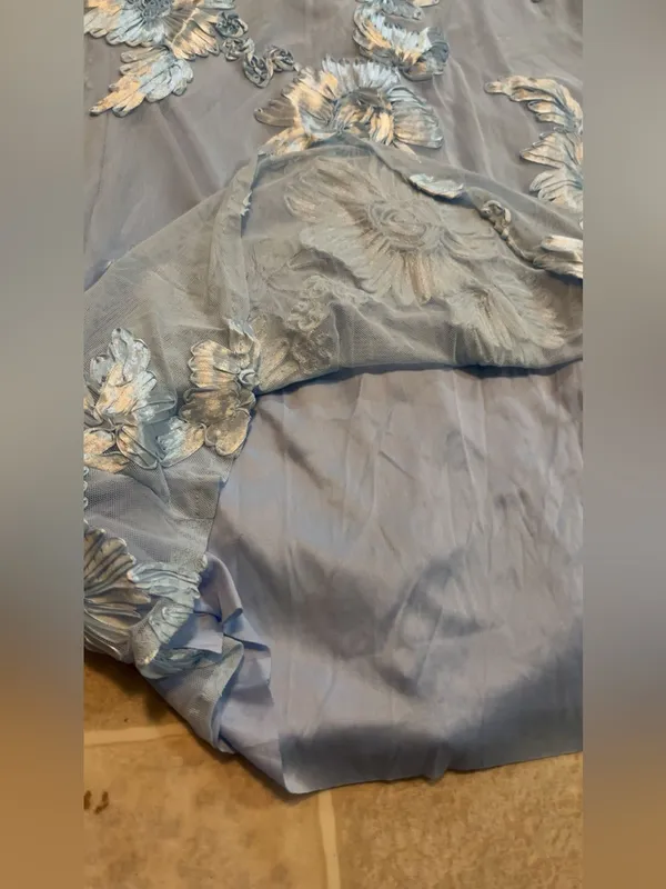 Light Blue Floral Appliqué Maxi Dress with Tie Shoulders - Image 7
