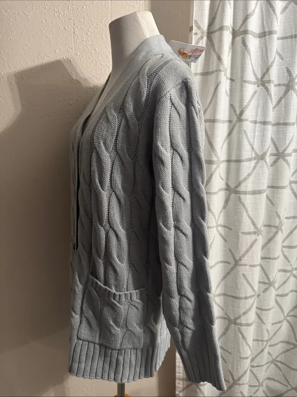 Women's Light Blue Cable-Knit Button Cardigan Sweater - Image 5