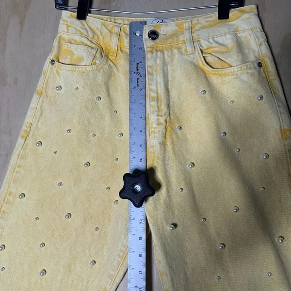 Yellow Pearl-Studded Denim‎ Jeans – Women’s Size L. NWT - Image 6
