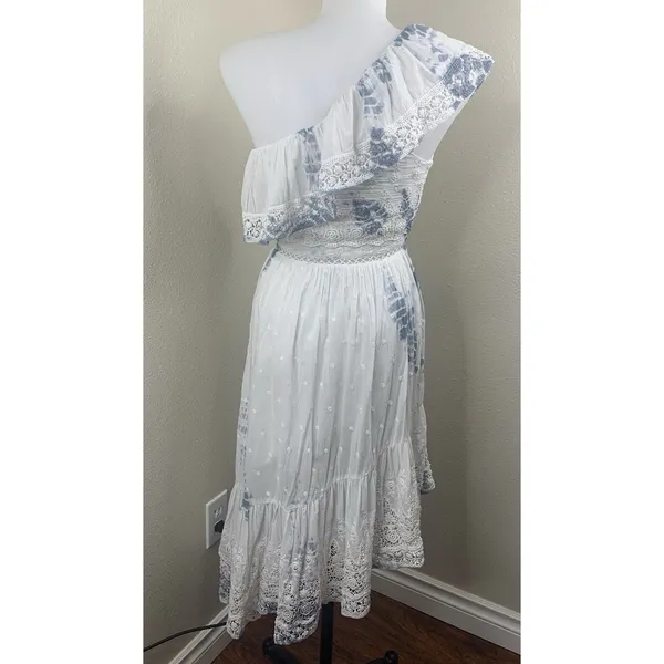 Loveshackfancy One Shoulder Tie Dye Dress Gwen? Sz XS Cotton Blue White - Image 5