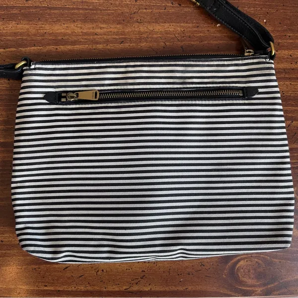 FOSSIL Black White Striped Leather Textile Crossbody Purse - Image 5