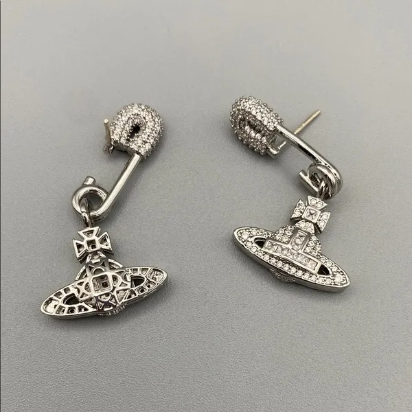Vivienne Westwood Silver Tone Safety Pin Earrings w Drop Orb. Crystal encrusted - Image 3
