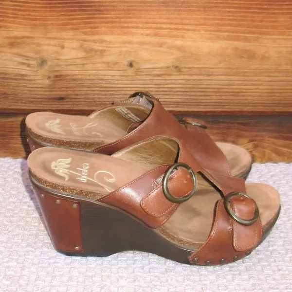 Dansko Womens 7 Fern Leather Platform Wedge Buckle Sandals Shoes - Image 2