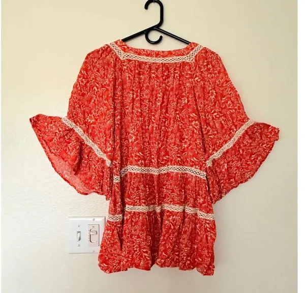 Free People Floral Print tunic Crochet Trim Orange and White Size S - Image 4
