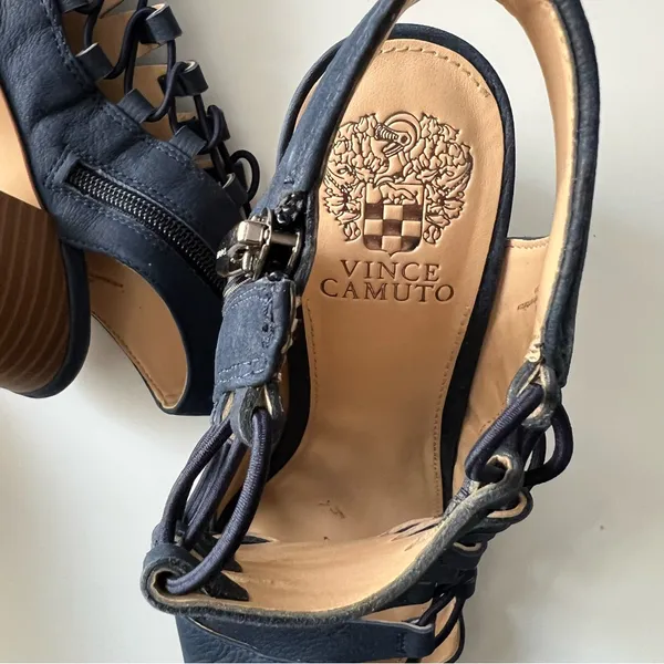 Vince Camuto Navy Leather 9M Laced 3" Block Heel Open Toe Shoes - Image 6