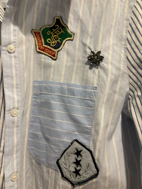 Desigual Lian shirt button down patches rhinestones blue white stripes sz S - Image 6