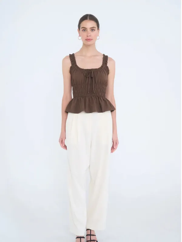 NWT Blu Pepper Brown Ruffle Front Tie Shirred Peplum Tank Top Small - Image 4