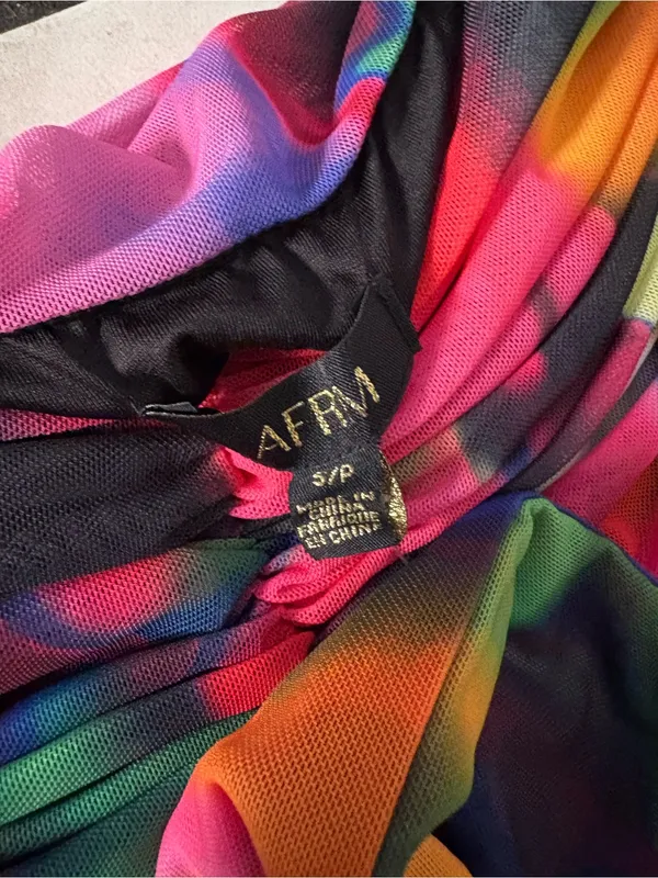 AFRM Multicolor Tie-Front Ruched Dress - Rainbow Print - Image 3