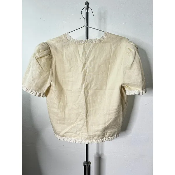 Reformation Linen Ruffle Trim Top Yellow Puff Sleeve Button Front Blouse - Image 6