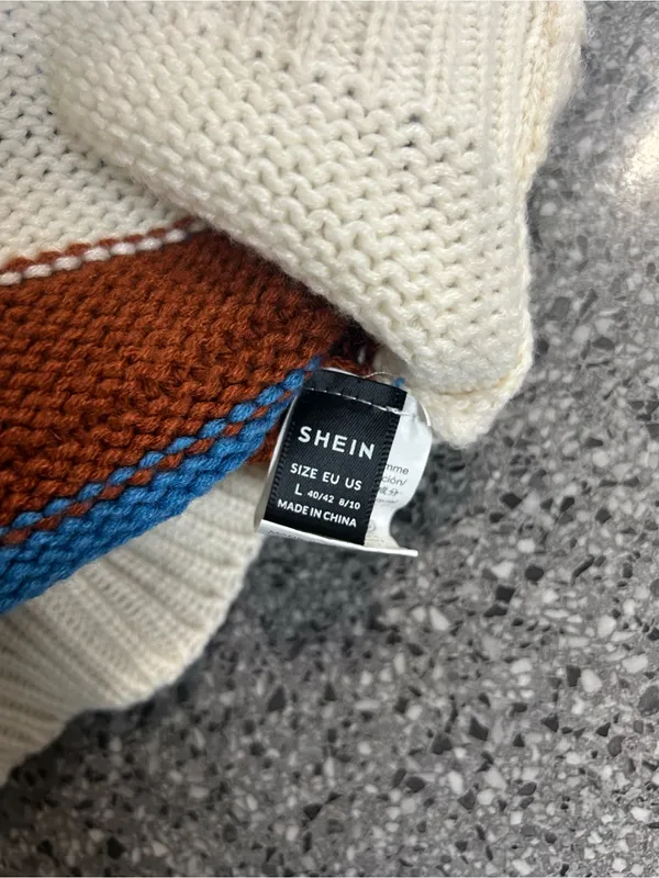 SHEIN Striped V-Neck Sweater in Blue, Cream & Brown - Image 3