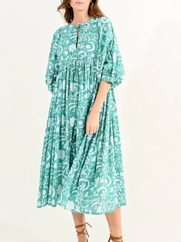 Molly Bracken Puffer Sleeve‎ Loose Fit Printed Blue White Floral Cotton Dress M - Image 10