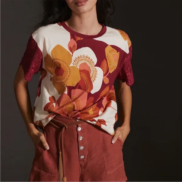 Anthropologie TINY Jeanine Eyelet Embroidered Floral Burgundy Top Small Tee - Image 5