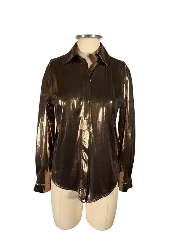 NEW Anthropologie Shine Metallic Copper Long Sleeve Button Up Shirt Size Small - Image 3