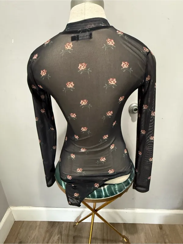 Bershka Black Long-Sleeve Floral Mesh Bodysuit - Image 5