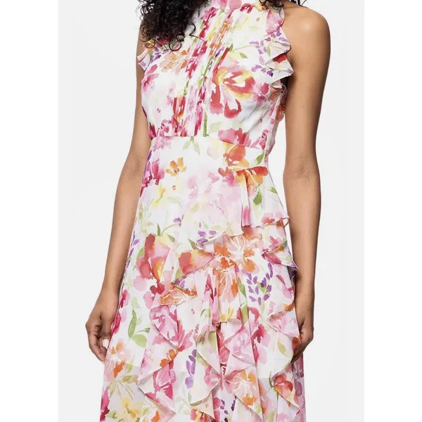 Betsy & Adam Pink Multi Floral Printed Chiffon Gown Size 4 $259 - Image 4