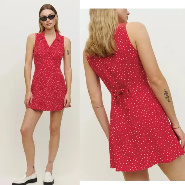 Reformation Leith Mini Dress 0‎ Sleeveless Polka Dot Red White Collar Button NEW - Image 5
