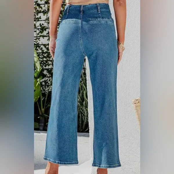 High-Waisted Wide Leg Button-Up Jeans, Blue, Size 4, EUC - Image 2