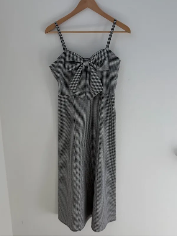 Japanese Gingham Bow Front Midi Dress Black White Size M - Image 2