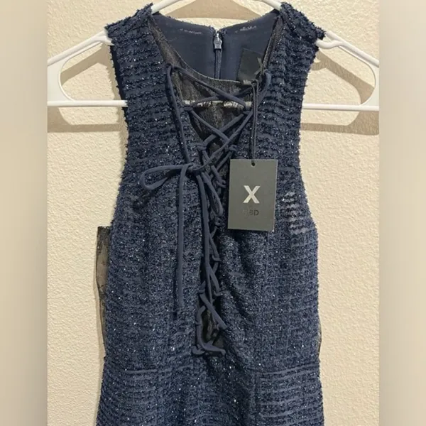 NWT Revolve brand X by NBD Metallic Navy‎ Blue Lace High Neck Dress - Image 3