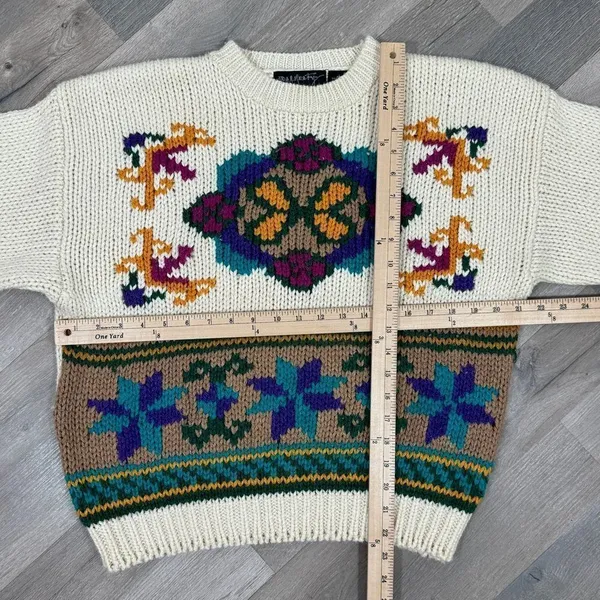 Vintage Rafferty 80s‎ 90s Floral Chunky Knit Sweater Ivory Large Crewneck - Image 10
