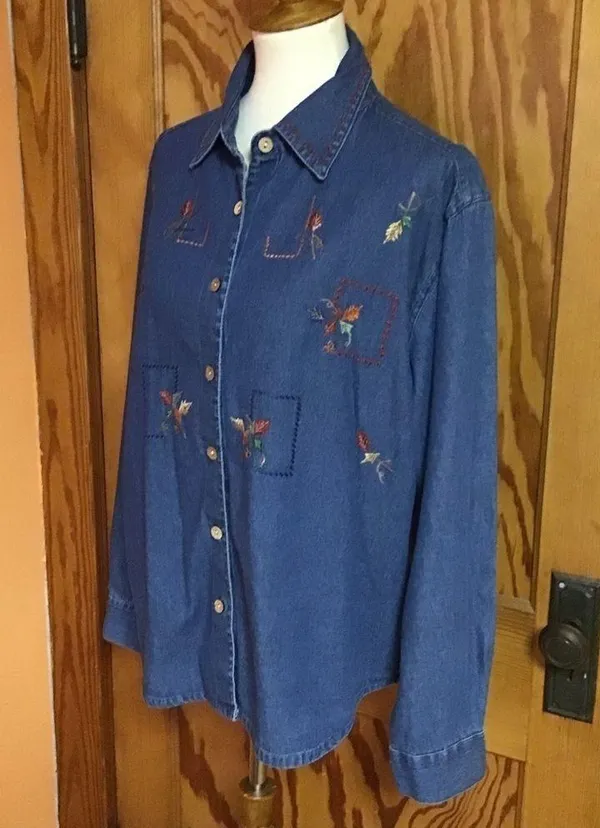 Vintage 90s autumn leaves oversized denim leaves top - Image 8