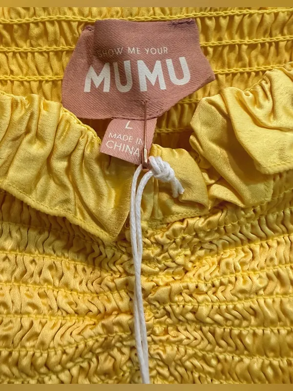 NWT Show Me‎ Your Mumu Stella Smocked MIDI Dress Yellow Luxe Satin Large - Image 5