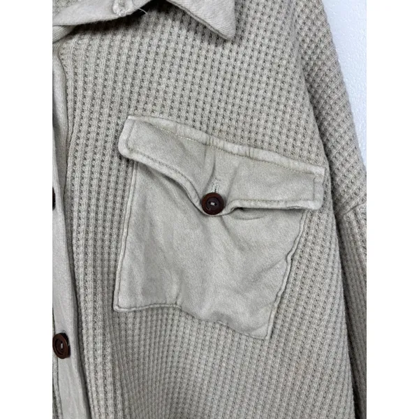 Bucketlist Button Down Shirt Womens Medium Tan Waffle Knit‎ Utility Shacket - Image 3