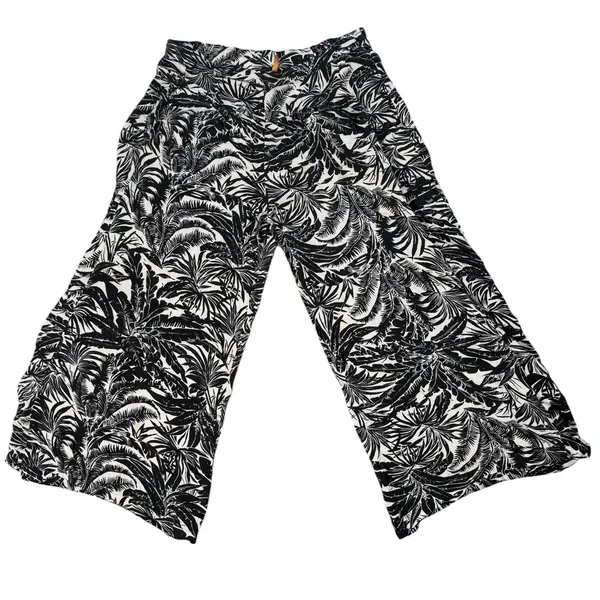 Womens M Black White Tropical Print Wide Leg Palazzo Pants Pull On Beach Resort - Image 2