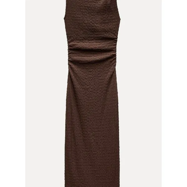 Zara Expresso Brown Textured Knot Ruched Side Maxi Dress LARGE Modest‎ Preppy - Image 4