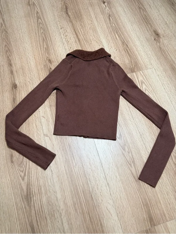 American Eagle Womens Brown Ribbed Zip Up Sweater Fuzzy Collar Cardigan XS - Image 2