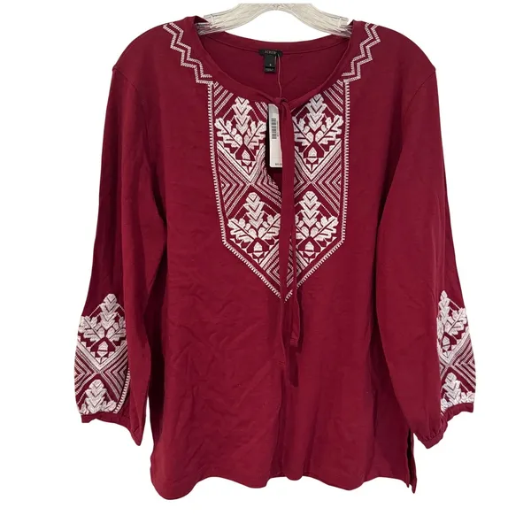 J. Crew Embroidered Tie‎ Neck Long Sleeve Top Women's Small Burgundy Boho Hippie - Image 2