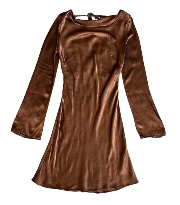 By Anthropologie Women’s Long Bell Sleeve Cowl Neck Satin Brown Mini Dress XS - Image 10