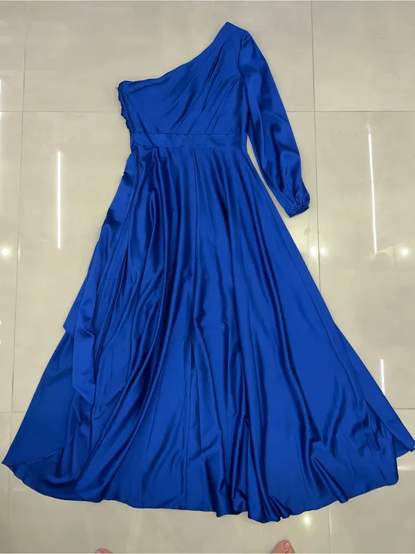 IEENA MAC DUGGAL Dark Blue Long Sleeve One Shoulder Satin High Low A-line Gown - Image 8
