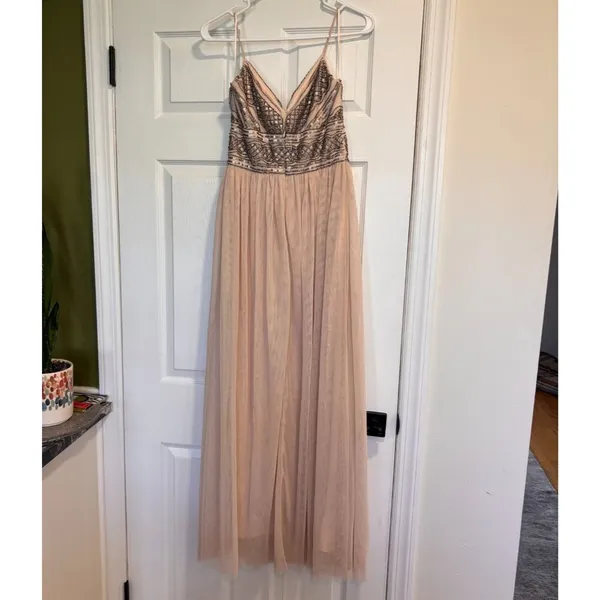 Altar'd State CYNDER Sequin Tulle Maxi Dress Women XS Champagne Formal Prom Gown - Image 4