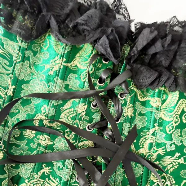 Womens Green Dragon Brocade Lace Trim Gothic Victorian Ren Faire Corset Size M - Image 6