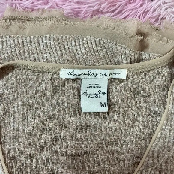 American Rag Ribbed Knit Button Front Dress Womens M Tan Boho Fit Flare Raw Hem - Image 4