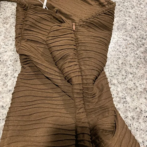 Brown bodycon form fitting swirl raised pattern Halter maxi Dress with slit - Image 6