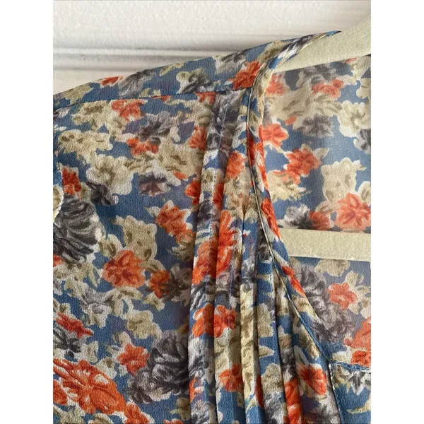 Joie Floral Silk‎ Pintuck Blouse Womens Size S Blue Orange V-Neck 3/4 Sleeve Top - Image 3