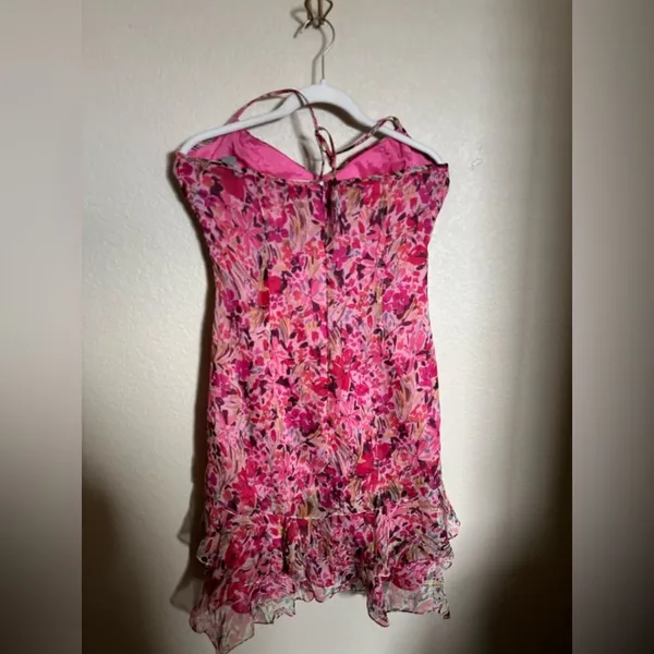 American Vintage Vintage Y2K‎ Muse Asymmetrical Draped Floral Silk Halter Midi Dress Sz 6 Pink - Image 5