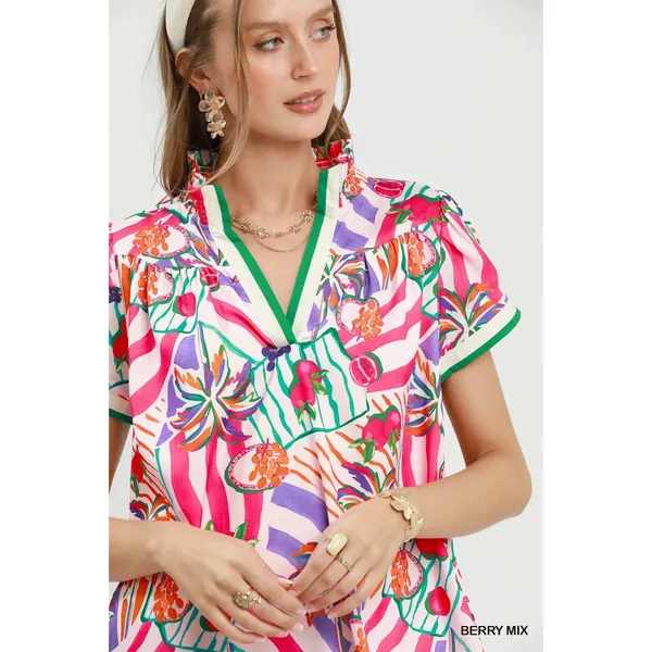 Umgee Tropical Print Collared Shift Dress - Berry Mix - Small - Image 5