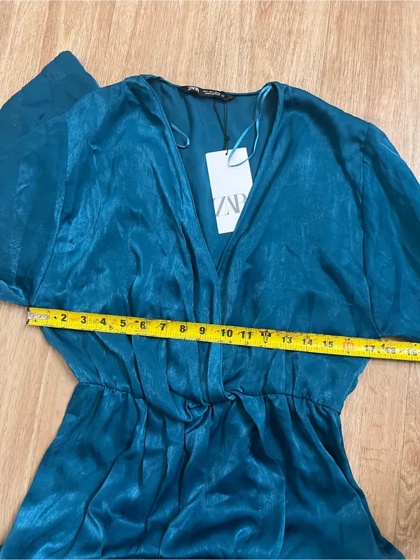 Zaraw Teal Satin-Feel Wrap Midi Dress with Leg Slit - Image 7