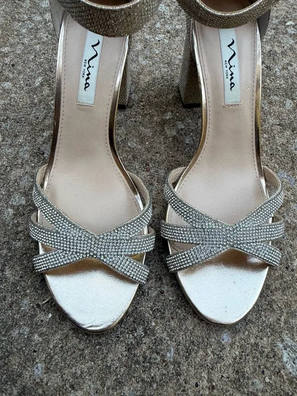 Nina New York Gold Shimmer Rhinestone Strappy Ankle Strap Block Heel Sandals - Image 4