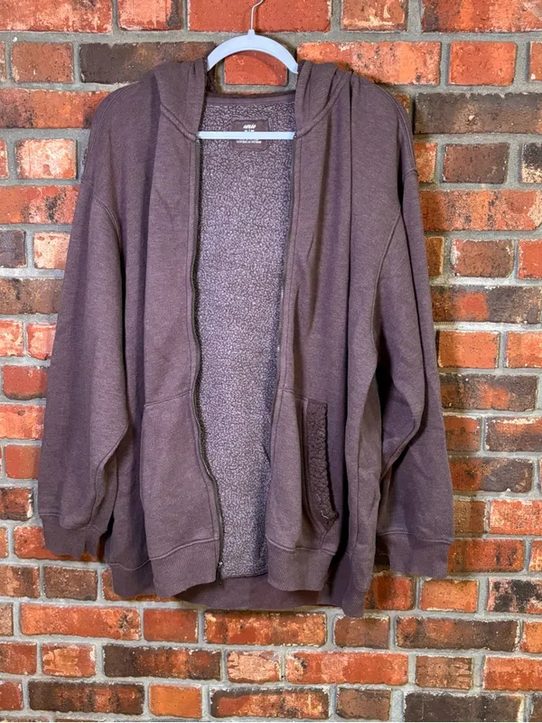 Aerie womens sherpa lined oversized full zip hoodie brown XL - Image 2